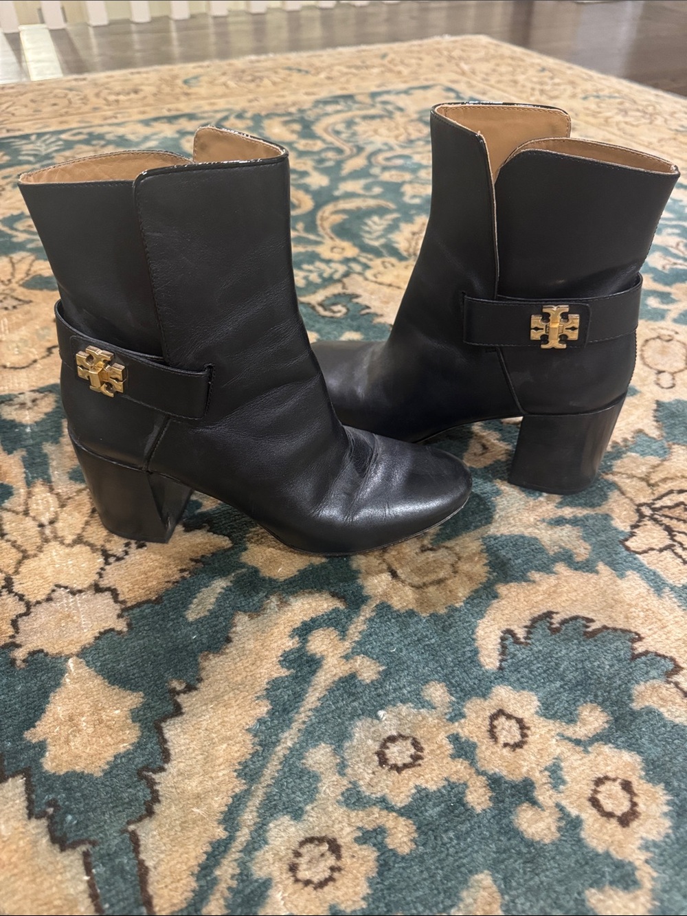 Tory Burch Black Leather Mid-Heel Ankle Boots with Gold Emblem